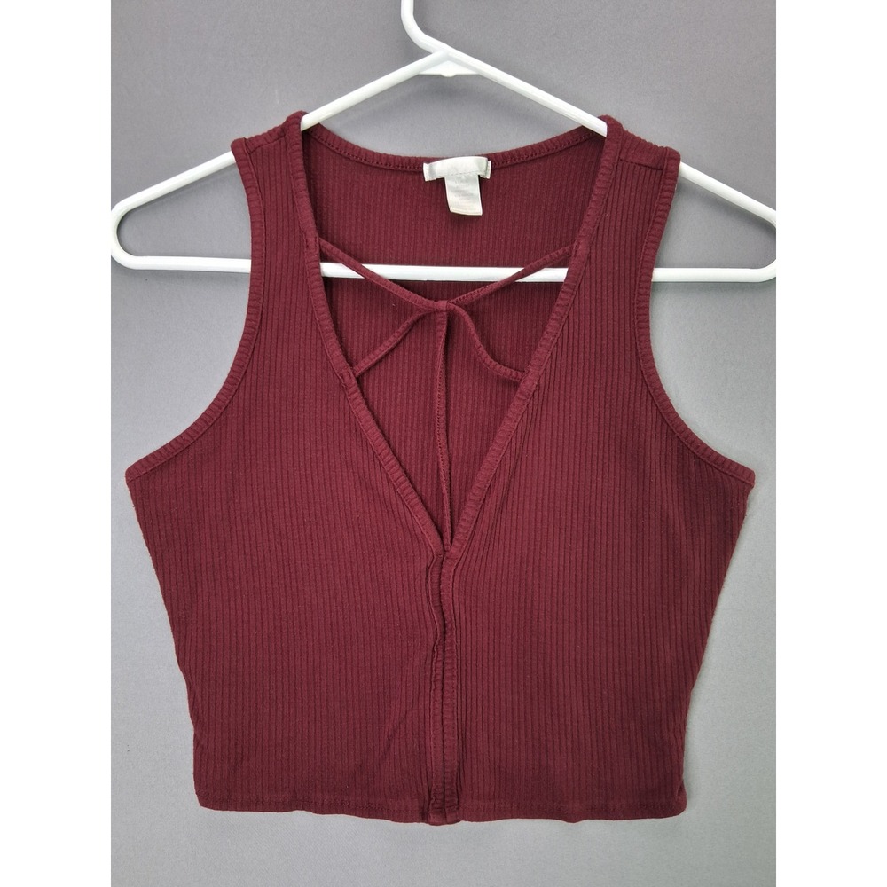 Full Tilt Tank Top Ribbed V-Neck Strappy Crop Large Burgundy Wine Red Sleeveless